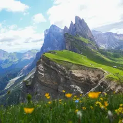 Grönt, blommande landskap i Val Gardena med dramatiska bergstoppar och en slingrande stig.