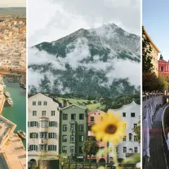Drömresor i Europa: en italiensk kuststad, alpina hus med berg i molnen och en flodpromenad i en europeisk stad. Perfekt för weekendresor Europa.