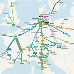 En karta som visar tågförbindelser i Europa. En linje går från Stockholm till Paris, med flera stopp däremellan.