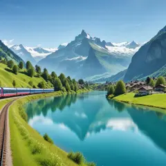 Tåg längs en turkos sjö i Schweiz, med snöklädda berg och en charmig by. En perfekt resa med swiss pass.
