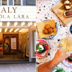 Eataly i Stockholm bjuder på italienska smaker. En hand håller ett glas vin bland små rätter med mozzarella, salami och bruschetta.