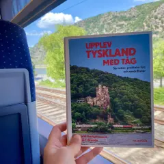 En hand håller en bok om att uppleva Tyskland med tåg, med en slående bild av ett slott vid en flod. Utsikten från tågfönstret visar räls och gröna kullar.