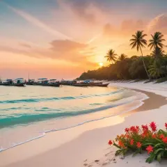 Solnedgång vid Koh Samet med båtar i vattnet, vita stränder och palmer. Röda blommor blommar i förgrunden.