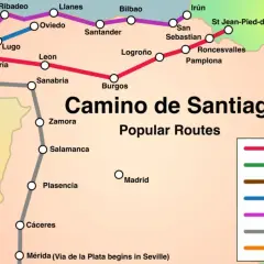 Karta över populära pilgrimsleder för el camino de Santiago, med rutter som Camino Francés och Camino Portugués.