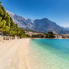 En vacker strand med turkost vatten och en bergskedja i bakgrunden. En promenadstråk kantas av träd och stenmurar, perfekt för en avkopplande stund vid makarska strandpromenad.
