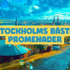 En vy över Stockholm med texten "Stockholms bästa promenader". En vacker plats att promenera runt Djurgården.