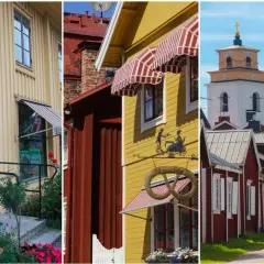 En mysig stad i Sverige med en gammal lanthandel, gula och röda hus samt en kyrka.