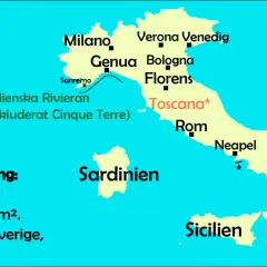 Karta över Italien med städer som Milano, Florens och Rom. Italienska Rivieran, inklusive Cinque Terre, visas. Statistisk information om befolkning och yta finns också.