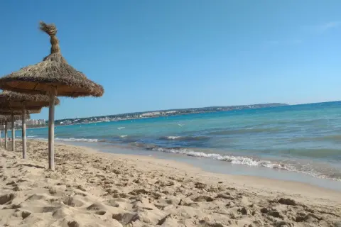 Solig strand med halmtaksparaplyer längs kusten vid Palma de Mallorca. Turkost vatten och en klarblå himmel.