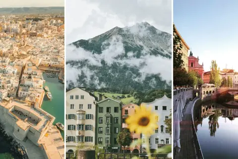 Drömresor i Europa: en italiensk kuststad, alpina hus med berg i molnen och en flodpromenad i en europeisk stad. Perfekt för weekendresor Europa.