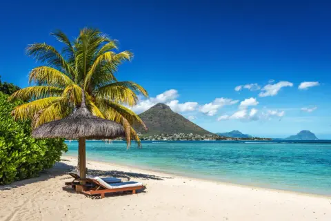 En palm och parasoll på en sandstrand. I bakgrunden turkost vatten, en stad och berg. Drömmen om att åka till Mauritius blir verklighet.