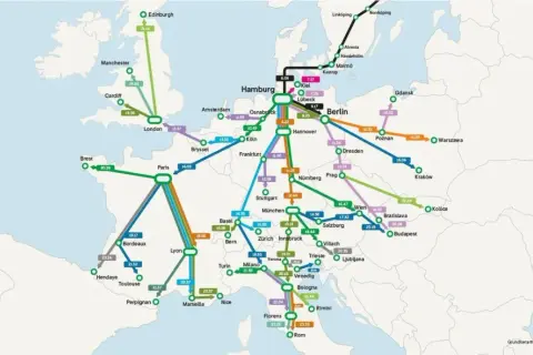 En karta som visar tågförbindelser i Europa. En linje går från Stockholm till Paris, med flera stopp däremellan.