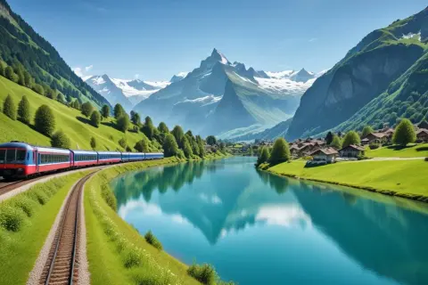 Tåg längs en turkos sjö i Schweiz, med snöklädda berg och en charmig by. En perfekt resa med swiss pass.