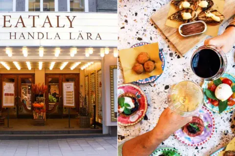 Eataly i Stockholm bjuder på italienska smaker. En hand håller ett glas vin bland små rätter med mozzarella, salami och bruschetta.