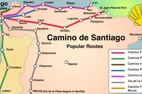 Karta över populära pilgrimsleder för el camino de Santiago, med rutter som Camino Francés och Camino Portugués.