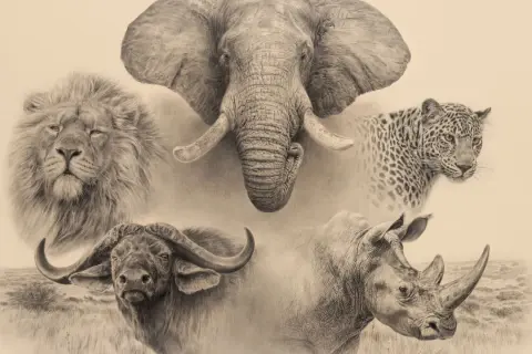 En konstnärlig hyllning till the big five afrika: en majestätisk elefant, en stolt lejonhane, en smidig leopard, en kraftfull buffel och en pansarklädd noshörning.