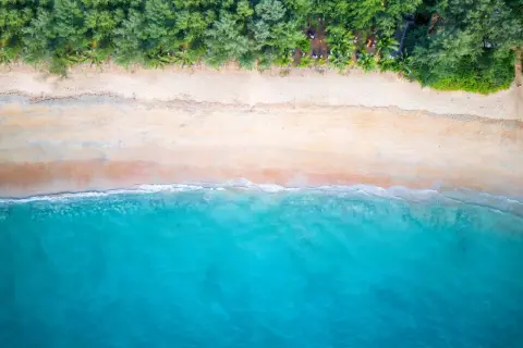 En vy ovanifrån över en strand i Thailand, Khao Lak. Turkost vatten möter en sandstrand kantad av gröna träd.