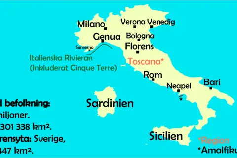 Karta över Italien med städer som Milano, Florens och Rom. Italienska Rivieran, inklusive Cinque Terre, visas. Statistisk information om befolkning och yta finns också.
