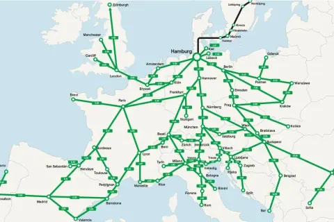 En karta över Europa med tågförbindelser och restider, perfekt för din SJ Interrail-resa.