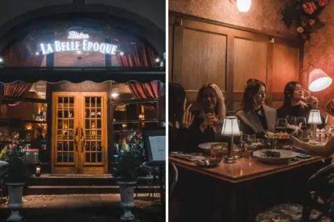 Kvällsbild på Bistro La Belle Epoque med gäster som njuter av middag.