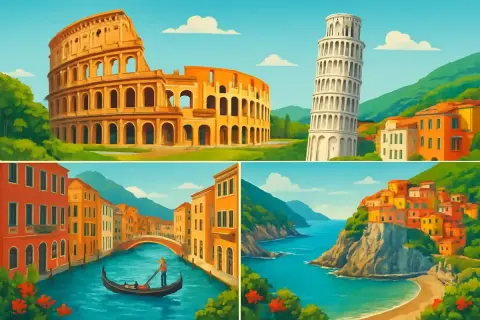 Italienska sevärdheter: Colosseum, lutande tornet i Pisa, Venedig och en kuststad. Bra tips för att hyra bil i Italien!