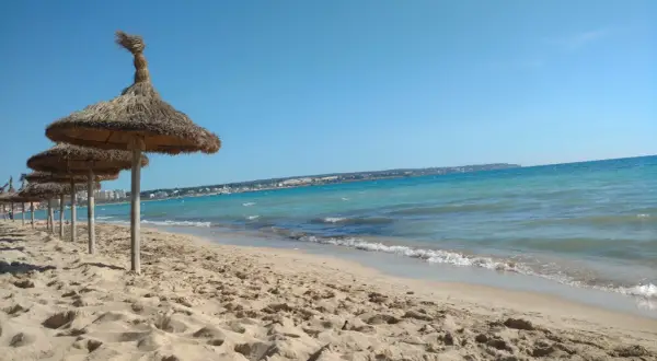 Solig strand med halmtaksparaplyer längs kusten vid Palma de Mallorca. Turkost vatten och en klarblå himmel.