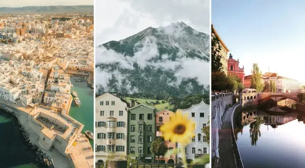 Drömresor i Europa: en italiensk kuststad, alpina hus med berg i molnen och en flodpromenad i en europeisk stad. Perfekt för weekendresor Europa.