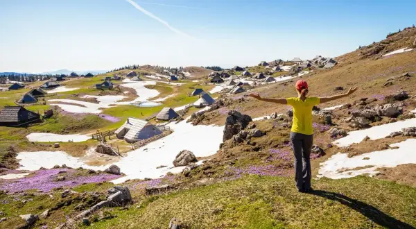En person njuter av utsikten över en by med traditionella hus och krokusblommor under en vandring i Slovenien.