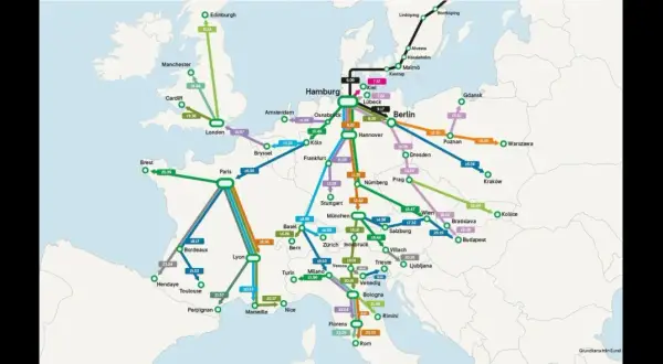 En karta som visar tågförbindelser i Europa. En linje går från Stockholm till Paris, med flera stopp däremellan.