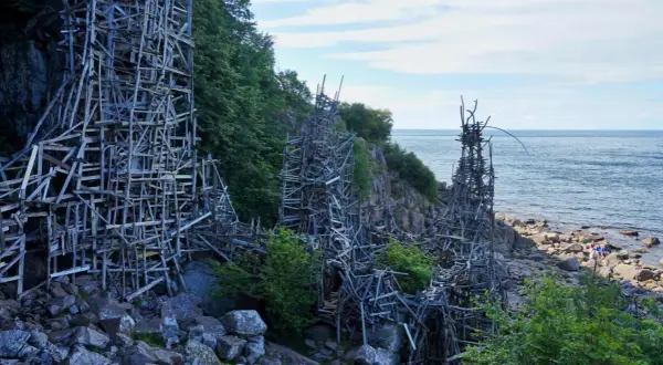 Lars Vilks Nimis, en skulptur av trä som reser sig mot himlen vid kusten.