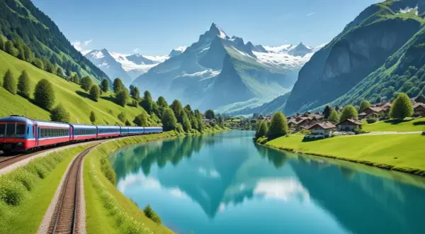 Tåg längs en turkos sjö i Schweiz, med snöklädda berg och en charmig by. En perfekt resa med swiss pass.