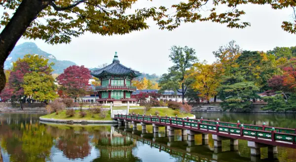 En vacker höstbild från Seoul, Sydkorea. Ett traditionellt koreanskt pagodliknande hus står på en ö i en damm, med en bro som leder dit. Träden runt omkring har höstfärger.