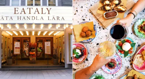 Eataly i Stockholm bjuder på italienska smaker. En hand håller ett glas vin bland små rätter med mozzarella, salami och bruschetta.
