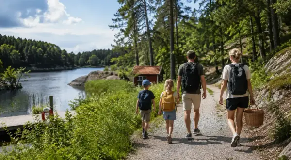 Familj vandrar längs en sjö, ett perfekt utflyktsmål i Stockholm. Barnen bär ryggsäckar, mamman en korg.