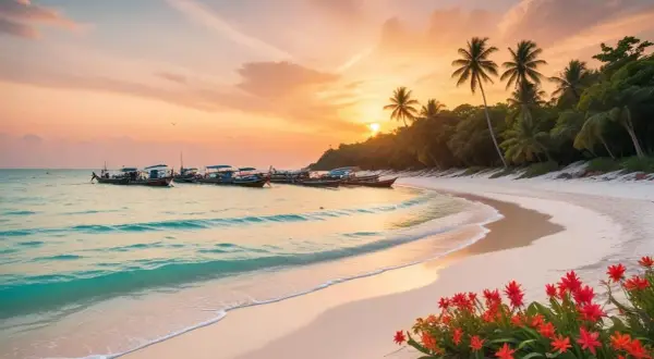 Solnedgång vid Koh Samet med båtar i vattnet, vita stränder och palmer. Röda blommor blommar i förgrunden.