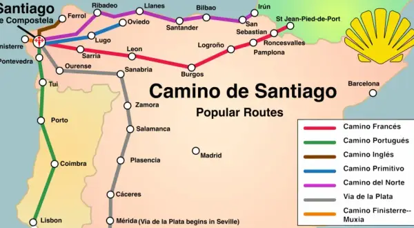 Karta över populära pilgrimsleder för el camino de Santiago, med rutter som Camino Francés och Camino Portugués.