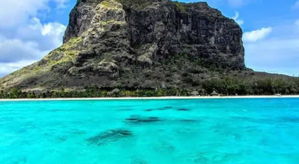 Le Morne Brabant reser sig majestätiskt över turkost vatten och en vit sandstrand. En drömsemester vid havet.