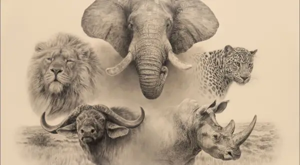 En konstnärlig hyllning till the big five afrika: en majestätisk elefant, en stolt lejonhane, en smidig leopard, en kraftfull buffel och en pansarklädd noshörning.
