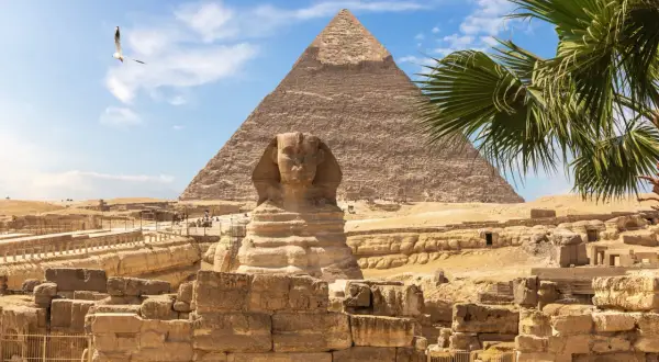 Den ikoniska Sfinxen och pyramiderna i Egypten, en tidlös vy under en klarblå himmel med en ensam fågel som svävar.