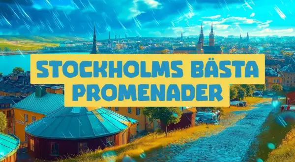 Vy över Stockholms takåsar med texten "Stockholms bästa promenader". En vacker utsikt över staden.