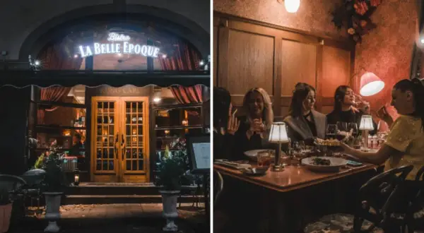 Kvällsbild på Bistro La Belle Epoque med gäster som njuter av middag.