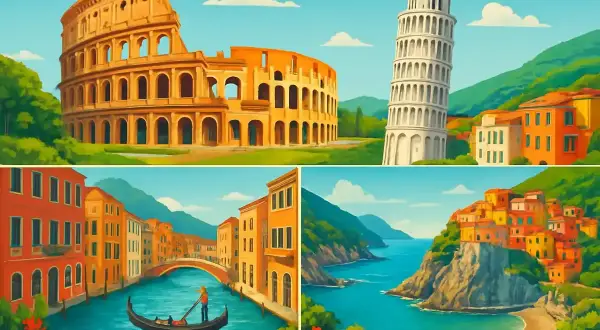 Italienska sevärdheter: Colosseum, lutande tornet i Pisa, Venedig och en kuststad. Bra tips för att hyra bil i Italien!