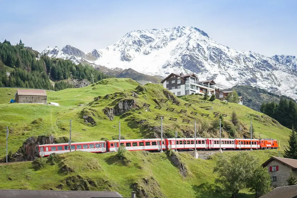 Rött och vitt tåg i Schweiz slingrar sig fram genom ett grönt berglandskap med snöklädda toppar i bakgrunden.