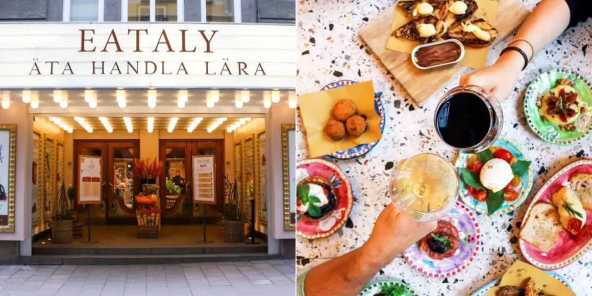 Eataly i Stockholm bjuder på italienska smaker. En hand håller ett glas vin bland små rätter med mozzarella, salami och bruschetta.