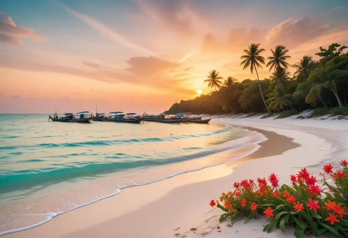Solnedgång vid Koh Samet med båtar i vattnet, vita stränder och palmer. Röda blommor blommar i förgrunden.