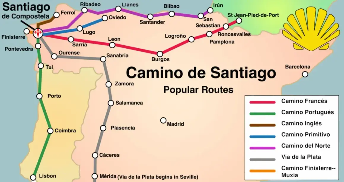 Karta över populära pilgrimsleder för el camino de Santiago, med rutter som Camino Francés och Camino Portugués.