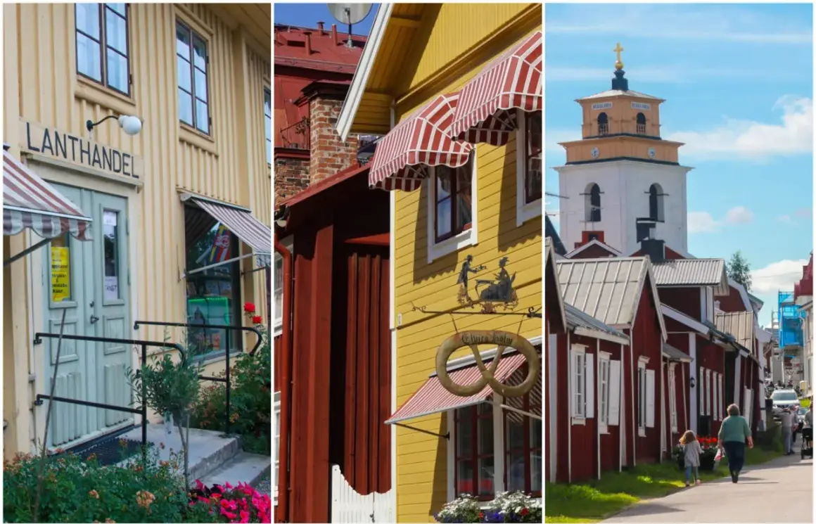 En mysig stad i Sverige med en gammal lanthandel, gula och röda hus samt en kyrka.