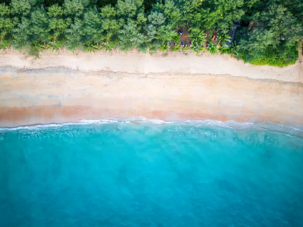 En vy ovanifrån över en strand i Thailand, Khao Lak. Turkost vatten möter en sandstrand kantad av gröna träd.