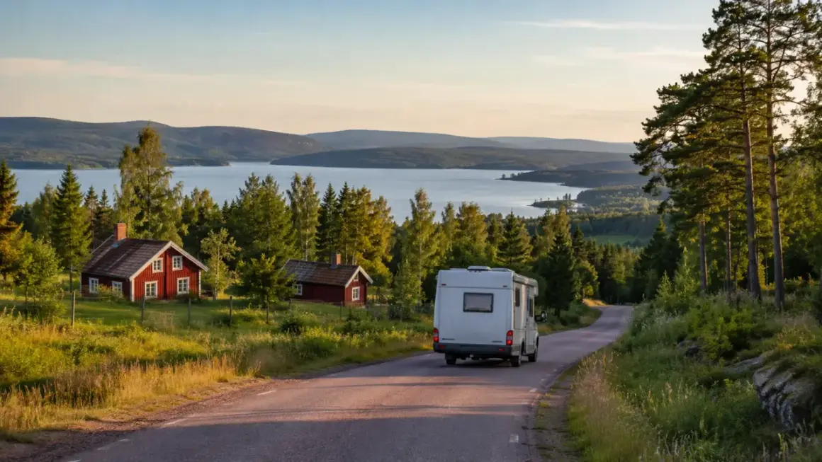 Husbil på väg längs en slingrande väg genom ett vackert landskap med röda stugor och en sjö. Perfekt för den som vill se i dalarna.
