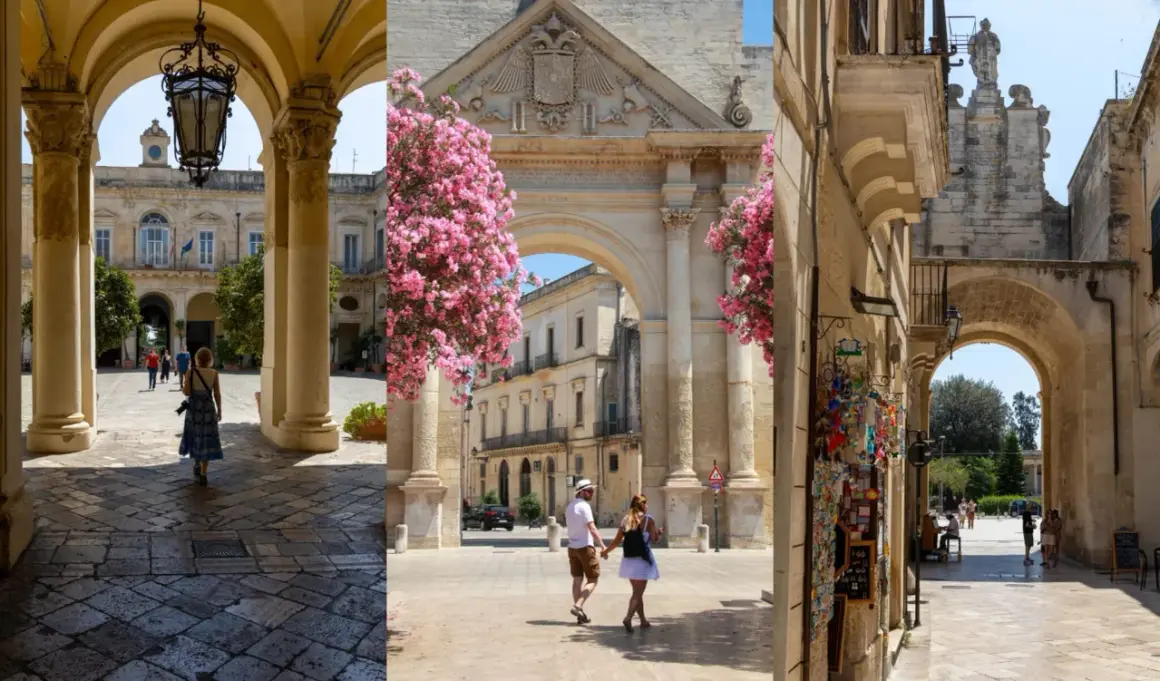 En vacker triptyk av Lecce, Italien. En kvinna går genom en arkad, ett par håller hand under en valv med rosa blommor, och en smal gränd med souvenirer.